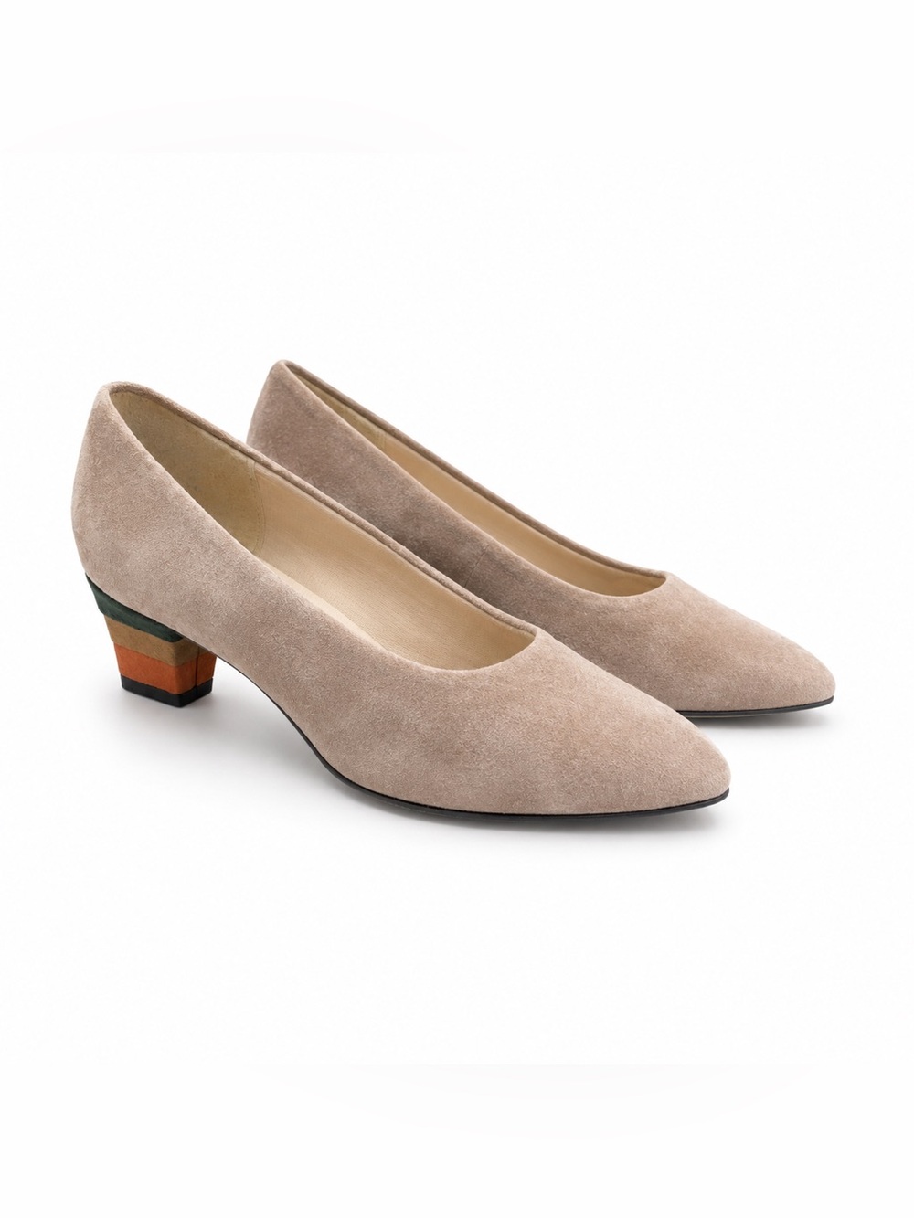 Vintage Hush Puppies Taupe Suede Low Color Block Heel Pumps